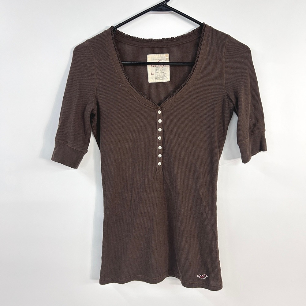 Hollister Y2K Henley Top Womens M Brown Fitted Thermal Ribbed 2000s Preppy